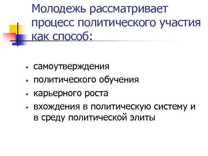 Молодежь рассматривает процесс политического участия как способ: • • самоутверждения политического обучения карьерного роста