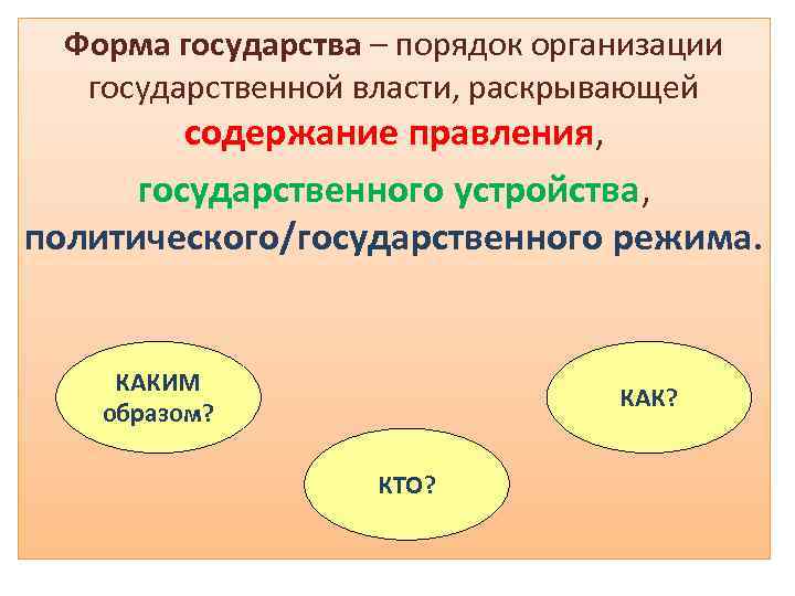 Форма государства – порядок организации государственной власти, раскрывающей содержание правления, государственного устройства, политического/государственного режима.