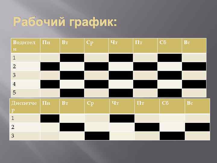 Рабочий график: Водител и Пн Вт Ср Чт Пт Сб Вс 1 2 3