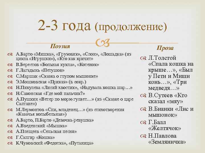 2 -3 года (продолжение) Поэзия Проза А. Барто «Мишка» , «Грузовик» , «Слон» ,