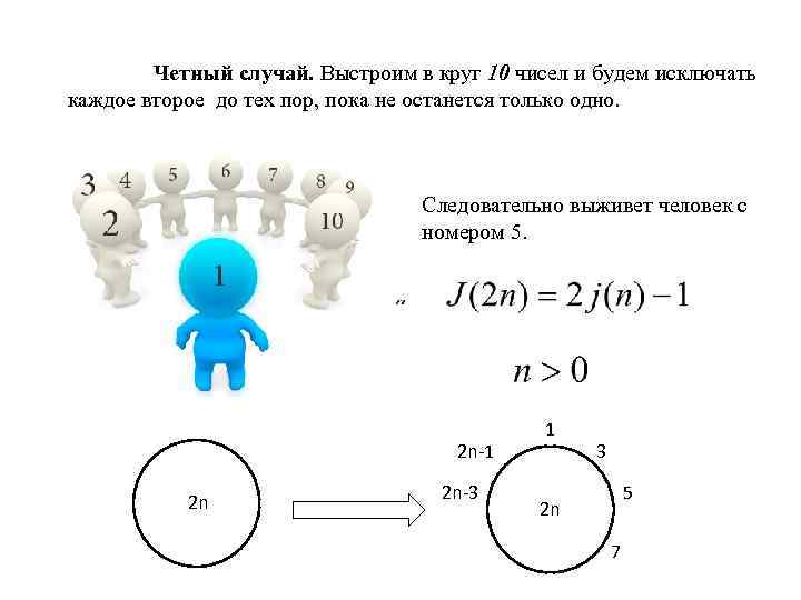 Четный случай. Выстроим в круг 10 чисел и будем исключать каждое второе до тех