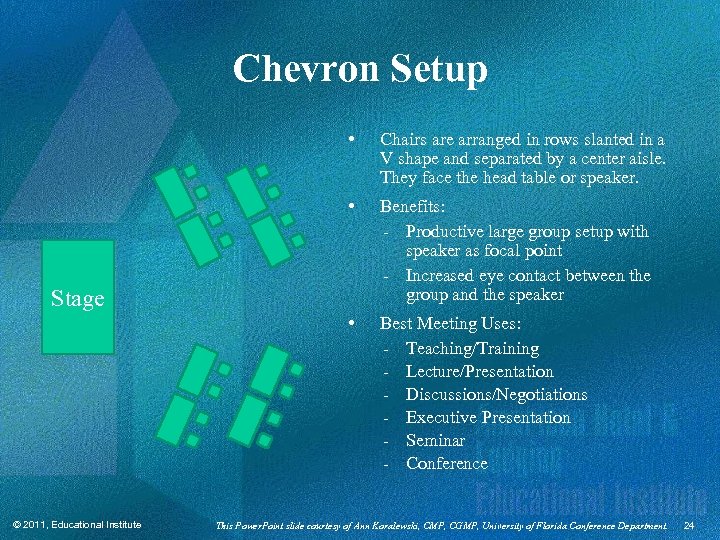 Chevron Setup • Chairs are arranged in rows slanted in a V shape and