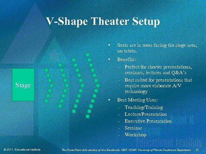V-Shape Theater Setup • Seats are in rows facing the stage area, no tables.