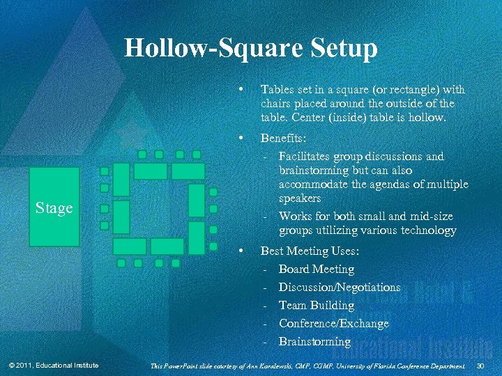 Hollow-Square Setup • Tables set in a square (or rectangle) with chairs placed around