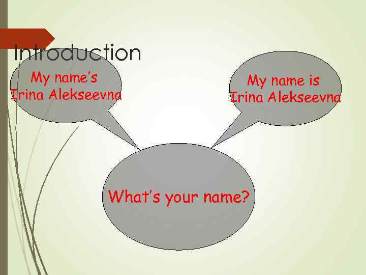 Introduction My name’s Irina Alekseevna My name is Irina Alekseevna What’s your name? 