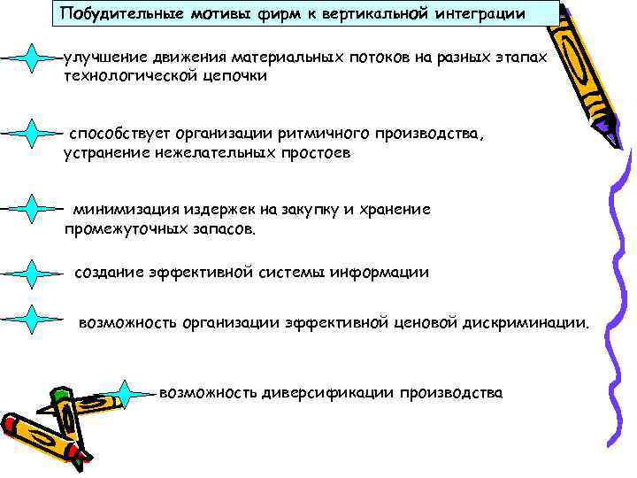 Побудительные мотивы фирм к вертикальной интеграции улучшение движения материальных потоков на разных этапах технологической