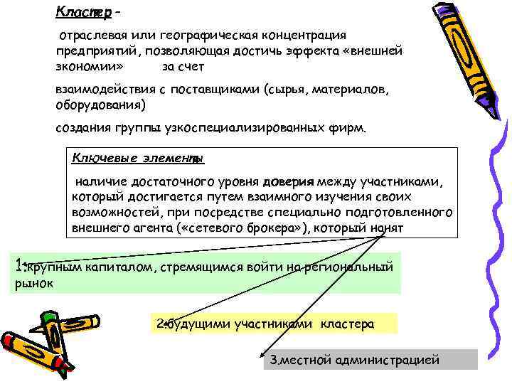 Кластер – отраслевая или географическая концентрация предприятий, позволяющая достичь эффекта «внешней экономии» за счет