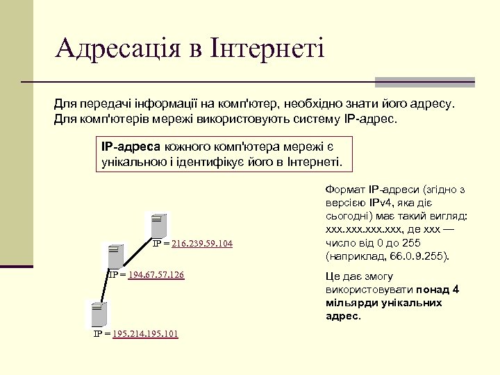 Адресація в Інтернеті Для передачі інформації на комп'ютер, необхідно знати його адресу. Для комп'ютерів