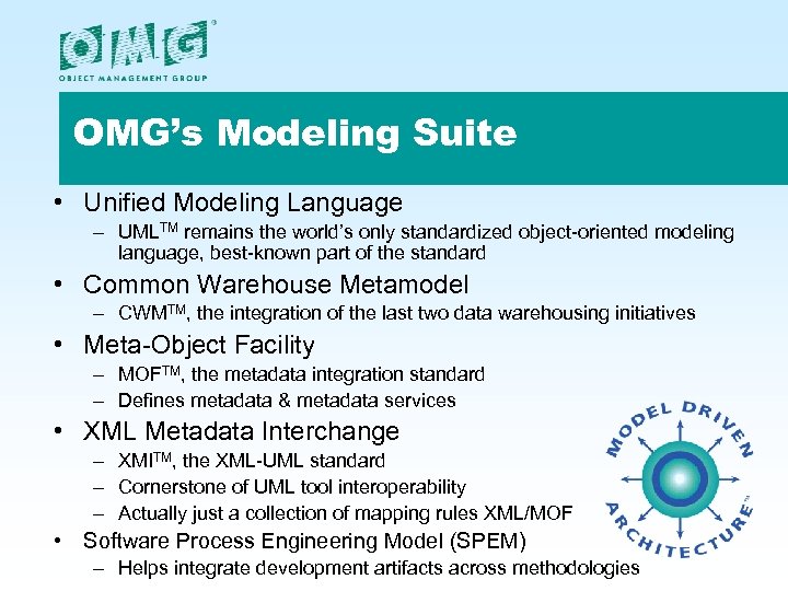 OMG’s Modeling Suite • Unified Modeling Language – UMLTM remains the world’s only standardized