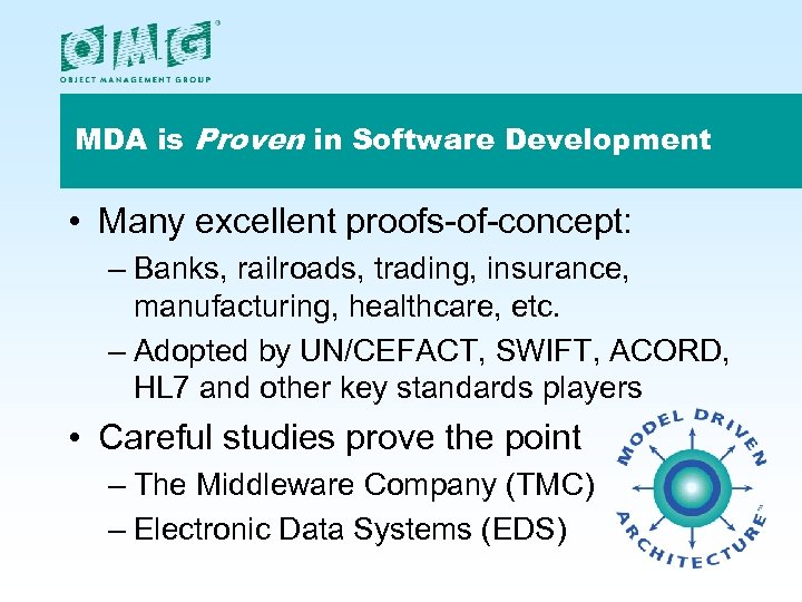 MDA is Proven in Software Development • Many excellent proofs-of-concept: – Banks, railroads, trading,