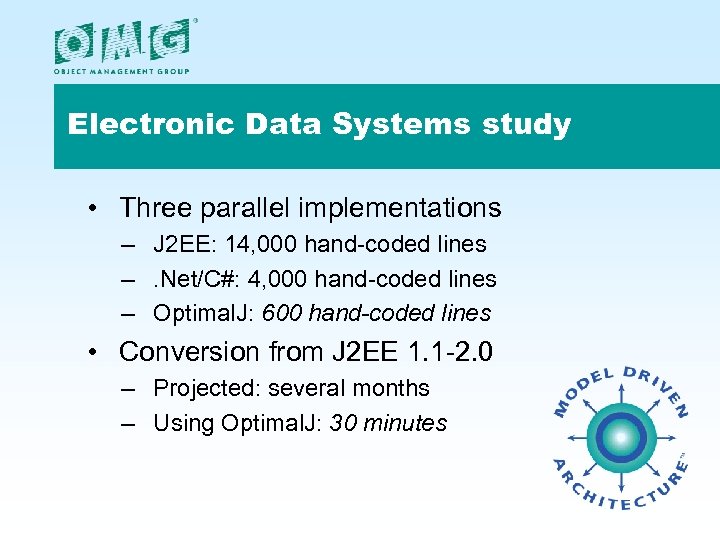 Electronic Data Systems study • Three parallel implementations – J 2 EE: 14, 000