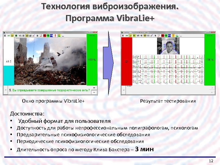 Технология виброизображения. Программа Vibra. Lie+ Окно программы Vibra. Lie+ Результат тестирования Достоинства: • Удобный