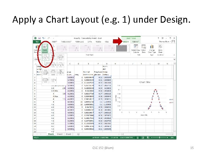 Apply a Chart Layout (e. g. 1) under Design. CSC 152 (Blum) 15 