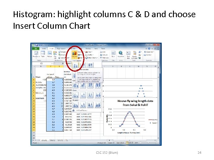 Histogram: highlight columns C & D and choose Insert Column Chart CSC 152 (Blum)