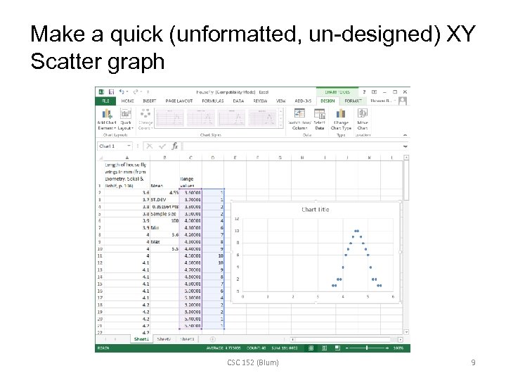Make a quick (unformatted, un-designed) XY Scatter graph CSC 152 (Blum) 9 
