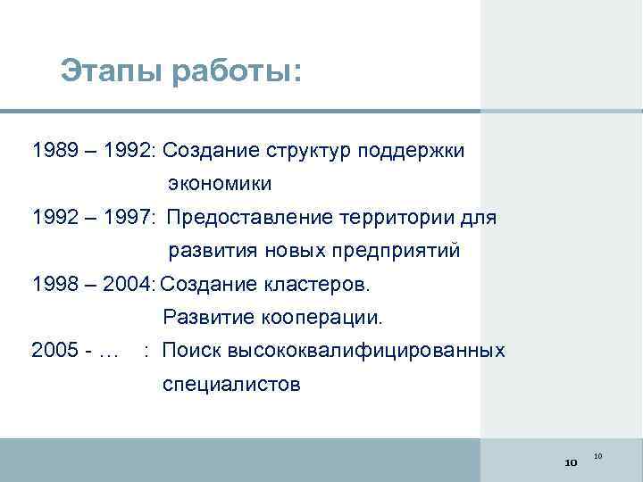 Этапы работы: 1989 – 1992: Создание структур поддержки экономики 1992 – 1997: Предоставление территории