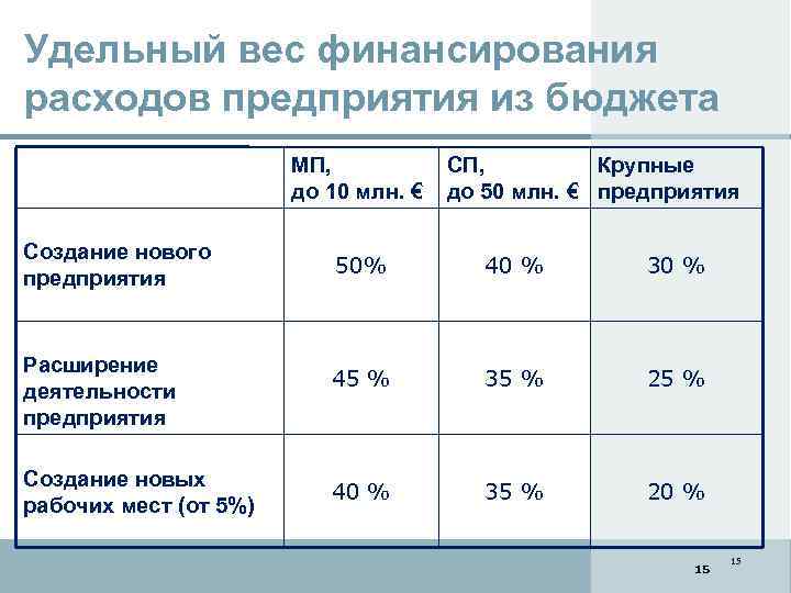 Удельный вес финансирования расходов предприятия из бюджета МП, до 10 млн. € Создание нового