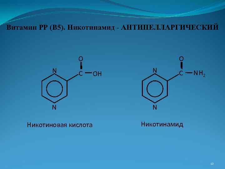 Витамин РР (В 5). Никотинамид - АНТИПЕЛЛАРГИЧЕСКИЙ О N С N Никотиновая кислота О