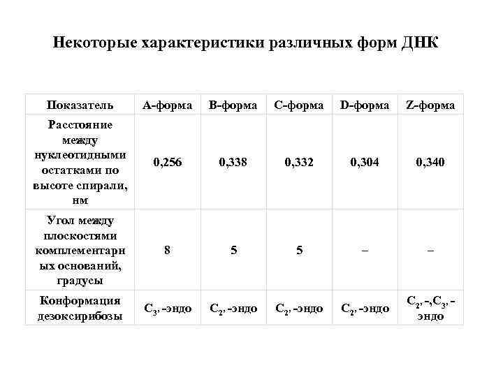 Некоторые характеристики различных форм ДНК Показатель А-форма В-форма С-форма D-форма Z-форма Расстояние между нуклеотидными