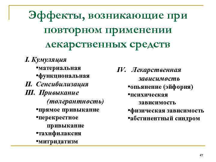 Эффекты, возникающие при повторном применении лекарственных средств I. Кумуляция • материальная • функциональная II.