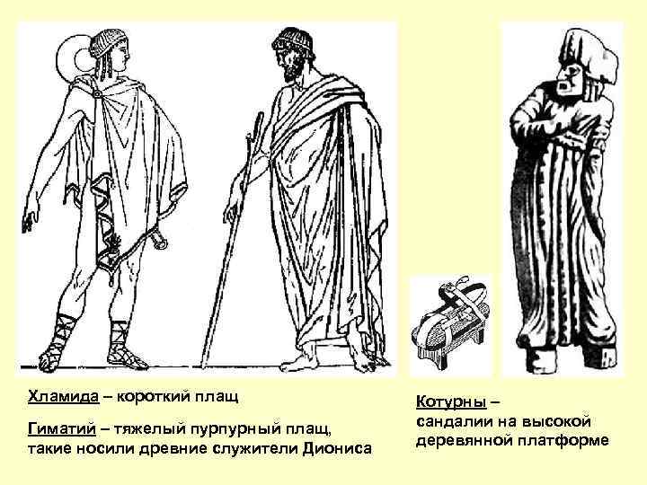 Хламида – короткий плащ Гиматий – тяжелый пурпурный плащ, такие носили древние служители Диониса