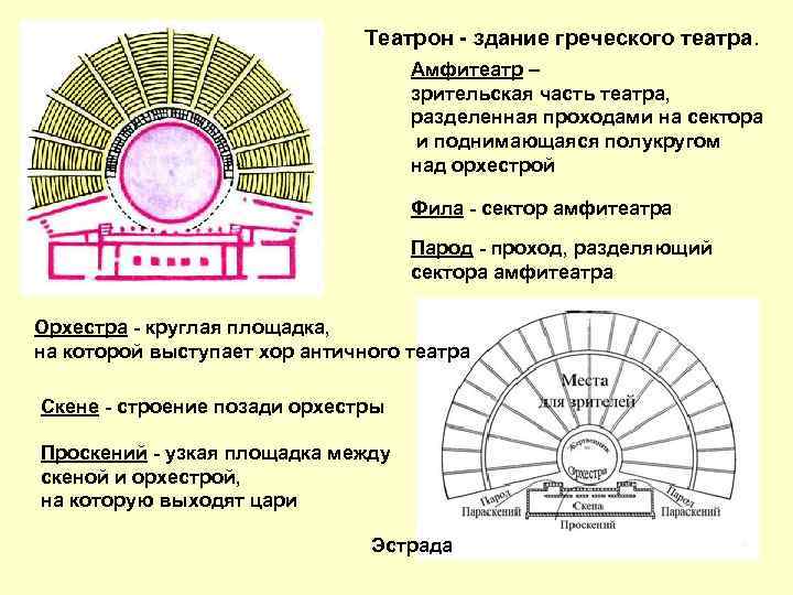 Театрон - здание греческого театра. Амфитеатр – зрительская часть театра, разделенная проходами на сектора