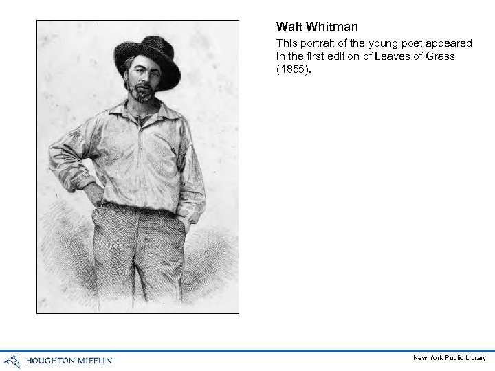 Walt Whitman This portrait of the young poet appeared in the first edition of
