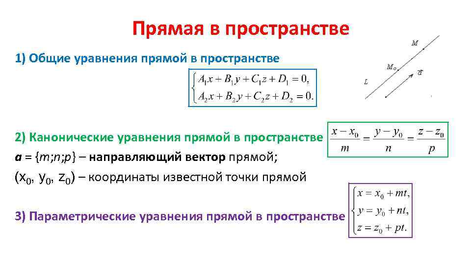 Прямая в пространстве 1) Общие уравнения прямой в пространстве 2) Канонические уравнения прямой в