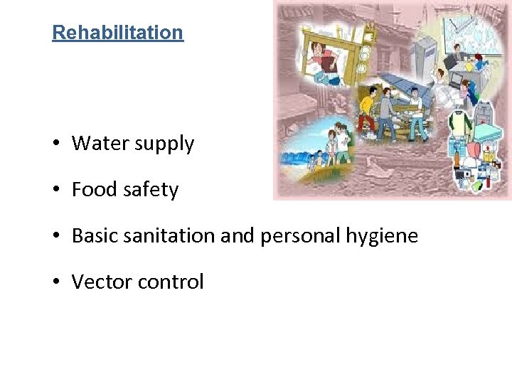 Rehabilitation • Water supply • Food safety • Basic sanitation and personal hygiene •