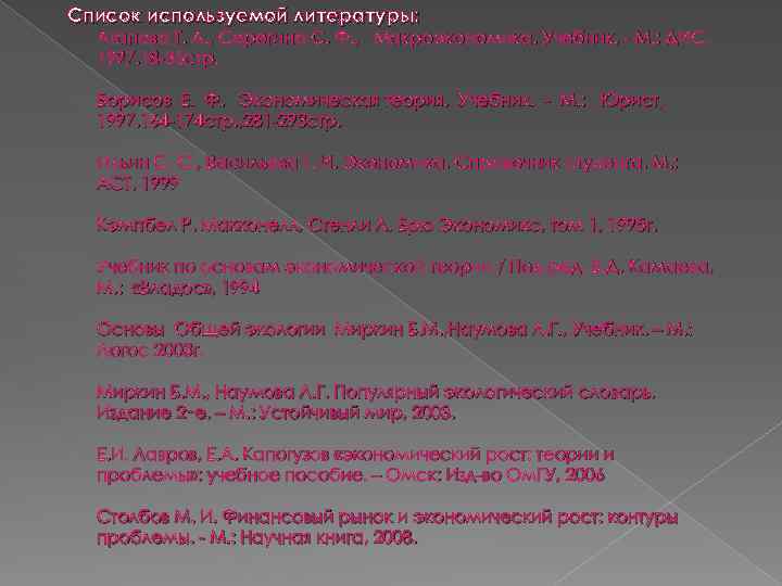 Список используемой литературы: Агапова Т. А. , Серегина С. Ф. , Макроэкономика. Учебник. -
