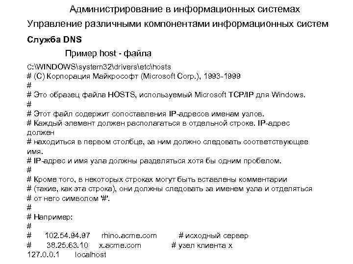 Администрирование в информационных системах Управление различными компонентами информационных систем Служба DNS Пример host -