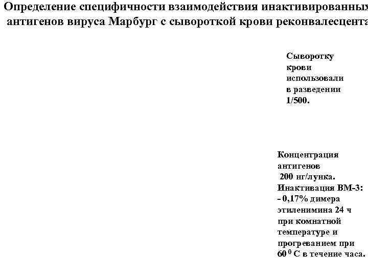 Определение специфичности взаимодействия инактивированных антигенов вируса Марбург с сывороткой крови реконвалесцента Сыворотку крови использовали