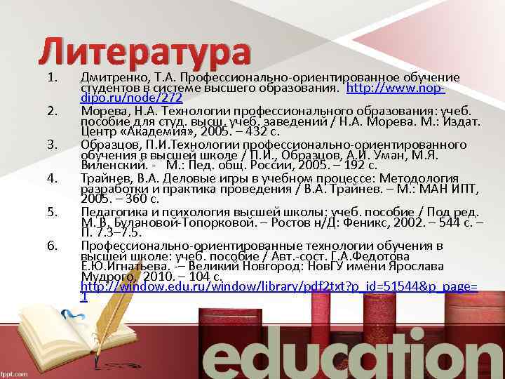 Литература 1. 2. 3. 4. 5. 6. Дмитренко, Т. А. Профессионально-ориентированное обучение студентов в