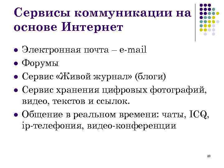 Сервисы коммуникации на основе Интернет l l l Электронная почта – e-mail Форумы Сервис