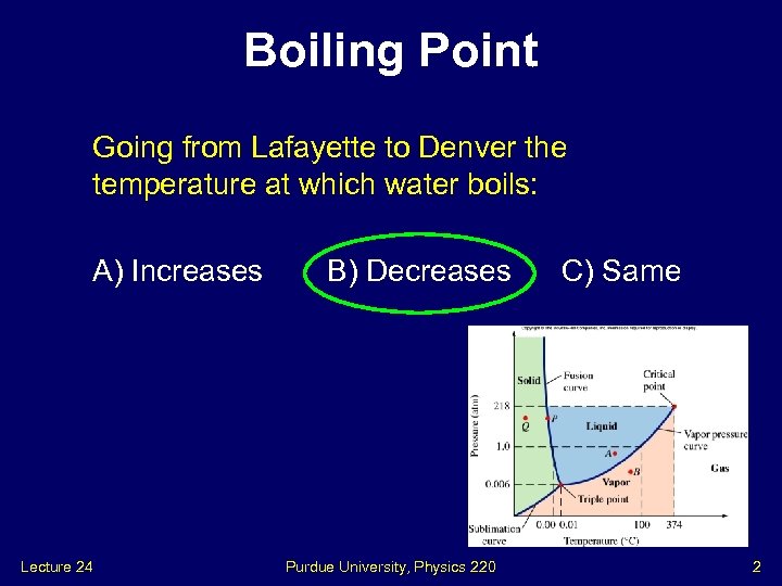 Boiling Point Going from Lafayette to Denver the temperature at which water boils: A)
