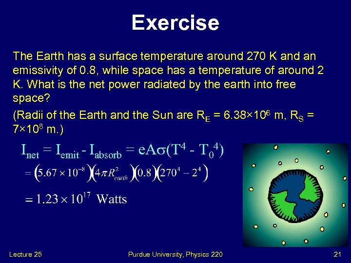 Exercise The Earth has a surface temperature around 270 K and an emissivity of