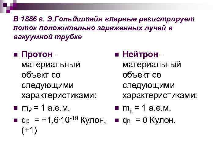 В 1886 г. Э. Гольдштейн впервые регистрирует поток положительно заряженных лучей в вакуумной трубке