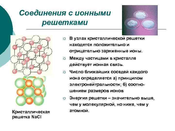 Соединения с ионными решетками ¡ ¡ Между частицами в кристалле действует ионная связь. ¡