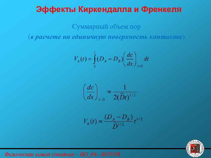 Эффекты Киркендалла и Френкеля Суммарный объем пор (в расчете на единичную поверхность контакта) Физическая