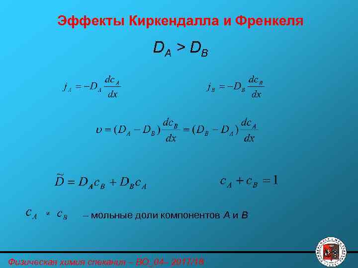 Эффекты Киркендалла и Френкеля DA > DB и – мольные доли компонентов A и