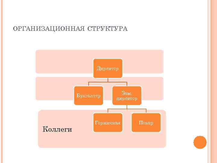 ОРГАНИЗАЦИОННАЯ СТРУКТУРА Директор Бухгалтер Коллеги Зам. директор Горничная Повар 