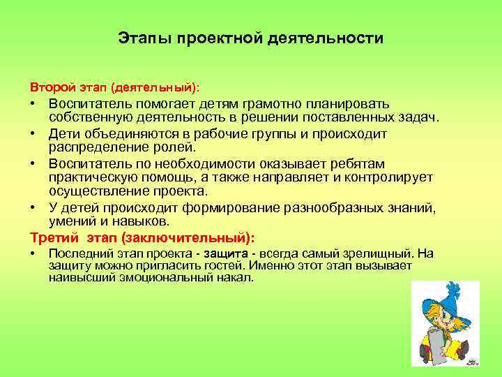 Этапы проектной деятельности Второй этап (деятельный): • Воспитатель помогает детям грамотно планировать собственную деятельность