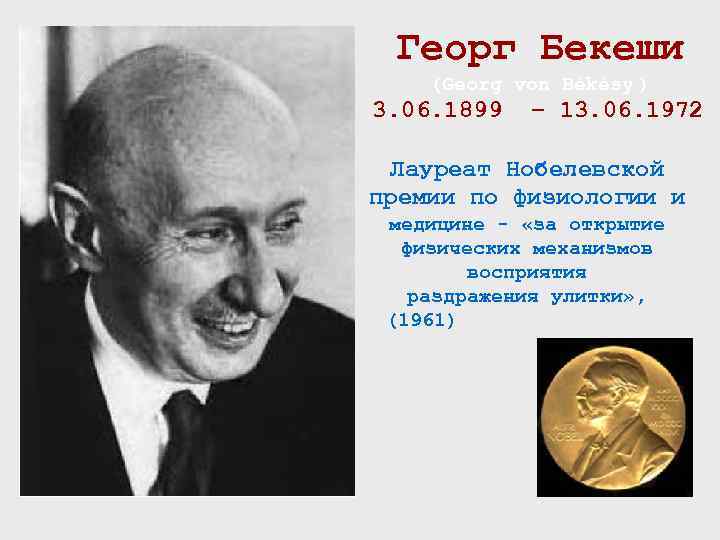 Георг Бекеши (Georg von Békésy ) 3. 06. 1899 – 13. 06. 1972 Лауреат