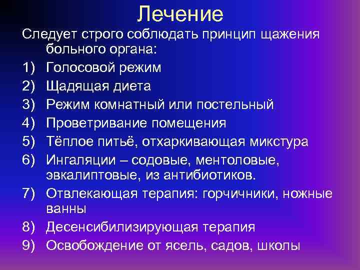 Лечение Следует строго соблюдать принцип щажения больного органа: 1) Голосовой режим 2) Щадящая диета