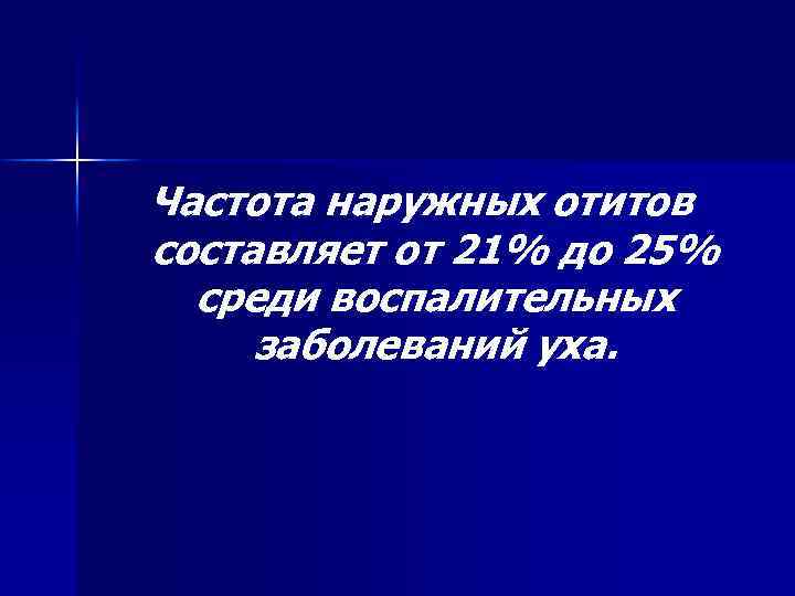 Частота наружных отитов составляет от 21% до 25% среди воспалительных заболеваний уха. 