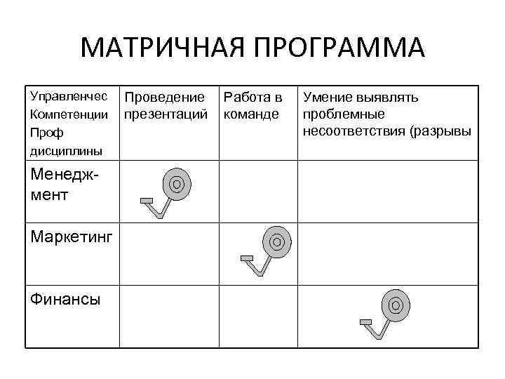 МАТРИЧНАЯ ПРОГРАММА Управленчес Компетенции Проф дисциплины Менеджмент Маркетинг Финансы Проведение презентаций Работа в команде