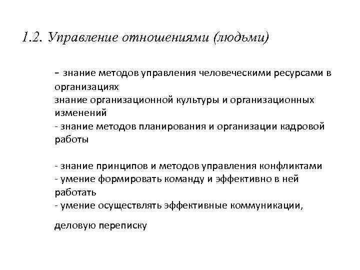 1. 2. Управление отношениями (людьми) - знание методов управления человеческими ресурсами в организациях знание