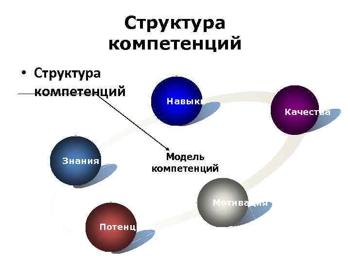 Структура компетенций • Структура Нет единой модели компетенций Навыки Качества Знания Модель компетенций Мотивация