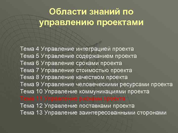 Области знаний по управлению проектами Тема 4 Управление интеграцией проекта Тема 5 Управление содержанием