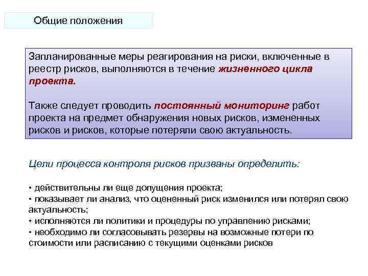 Общие положения Запланированные меры реагирования на риски, включенные в реестр рисков, выполняются в течение